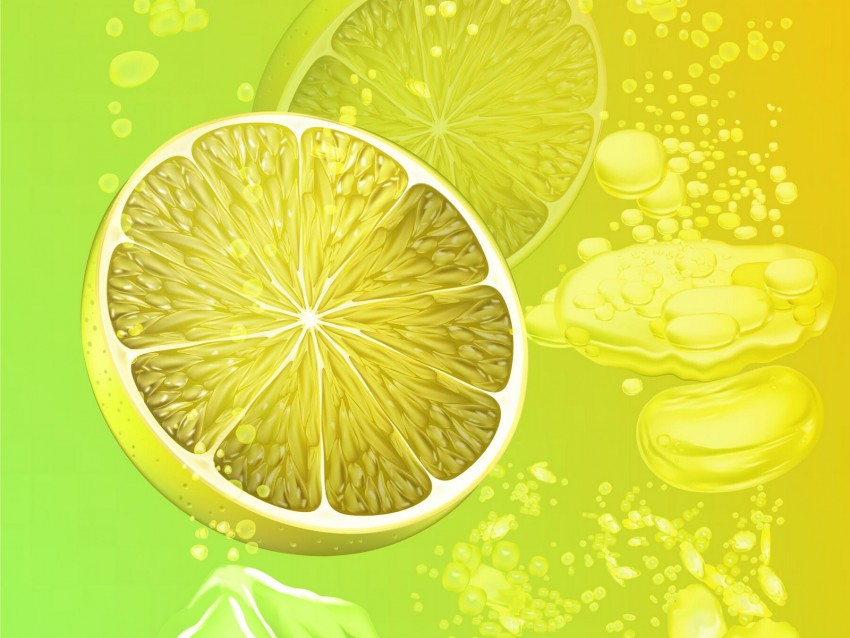 lemon, ice, art, slices, bubbles, liquid