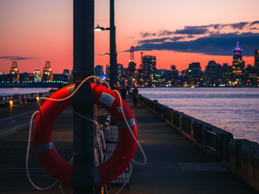 lifebuoy, promenade, city, ocean, twilight