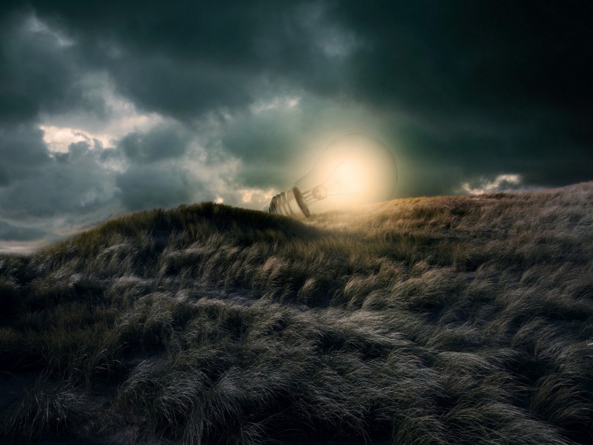 Light Bulb Glow Illusion Grass Clouds Photoshop Background