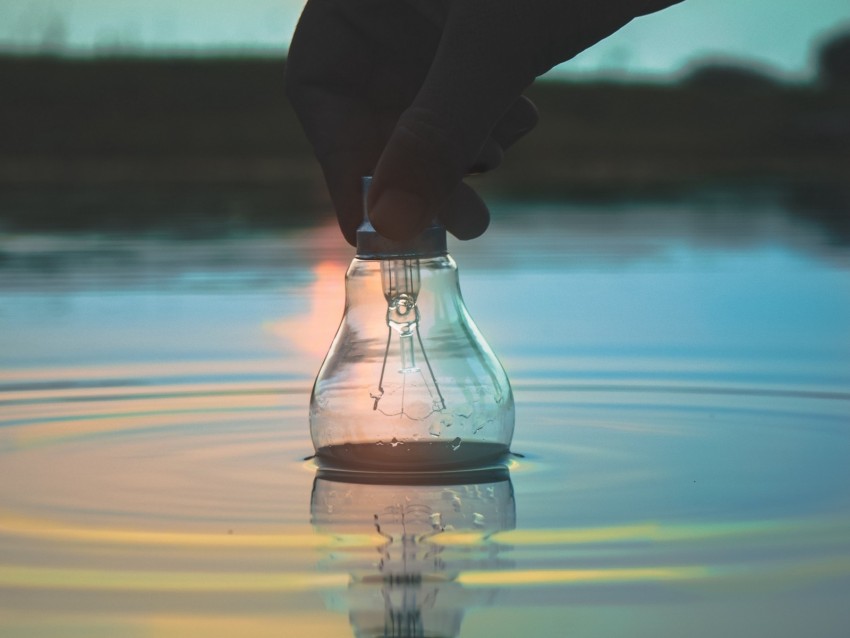 light bulb, hand, water, wet, waves