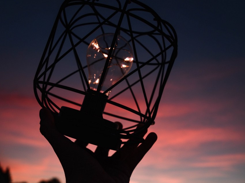 light bulb, lantern, hand, dark, dusk