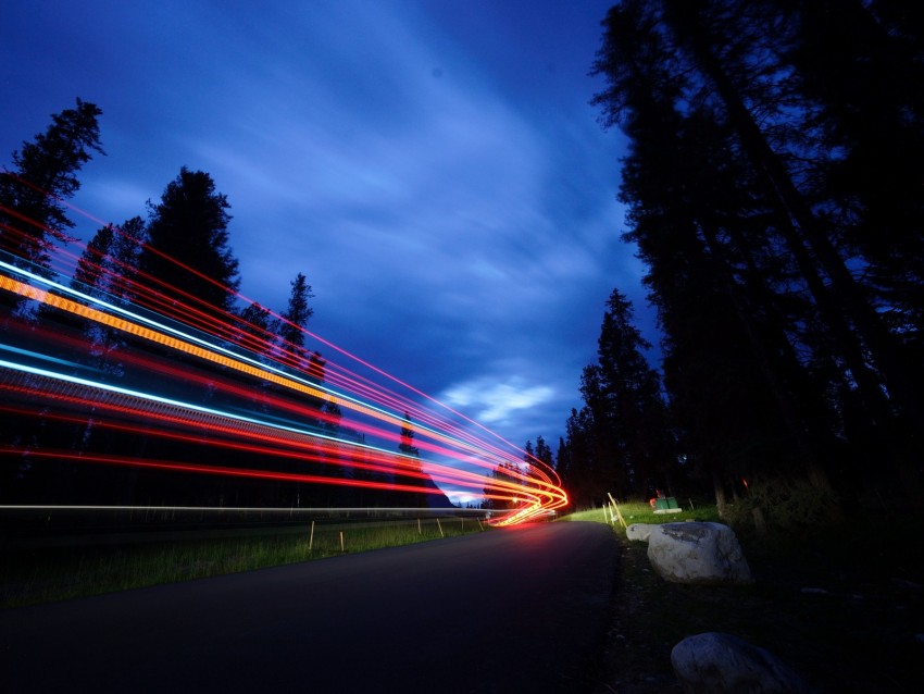 light, movement, long exposure, night, road, turn