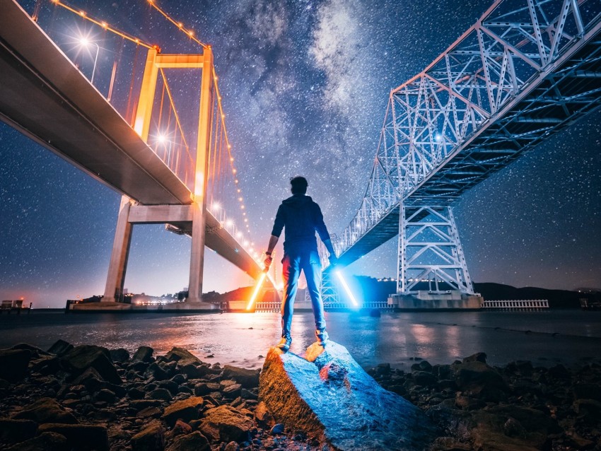 light swords, neon, man, bridge, night city