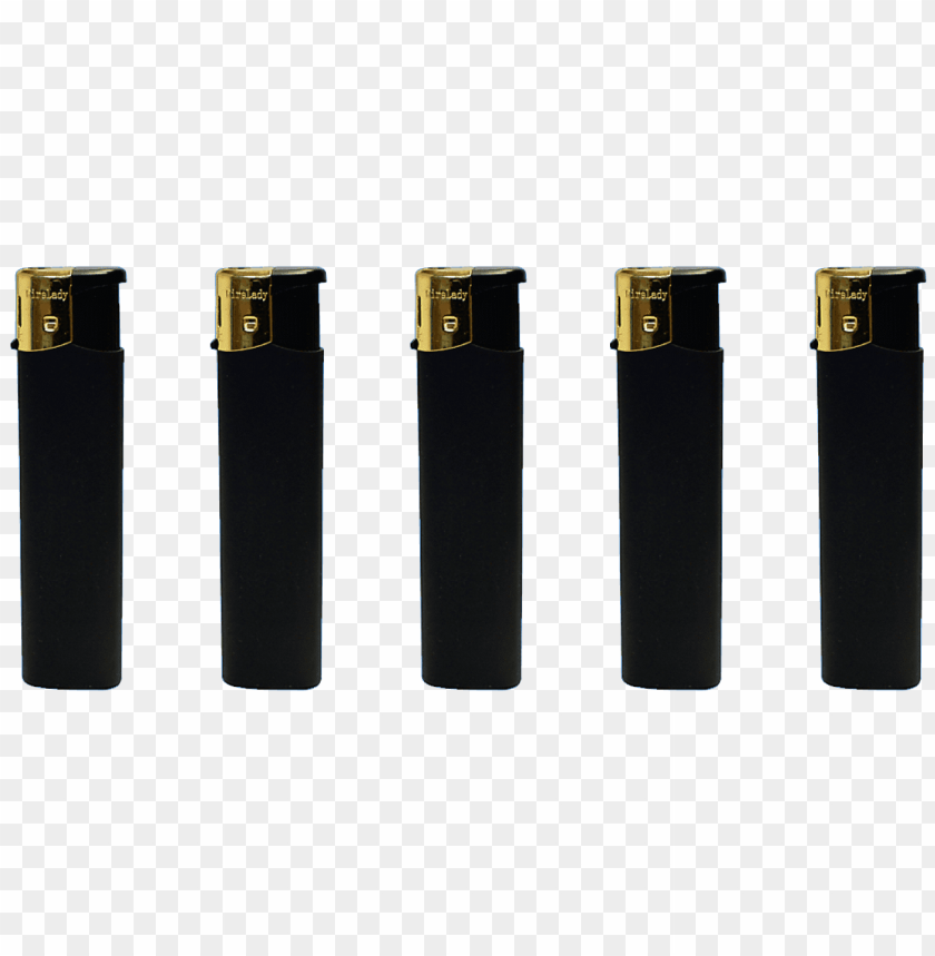 Five black lighters with gold tops on a transparent background.