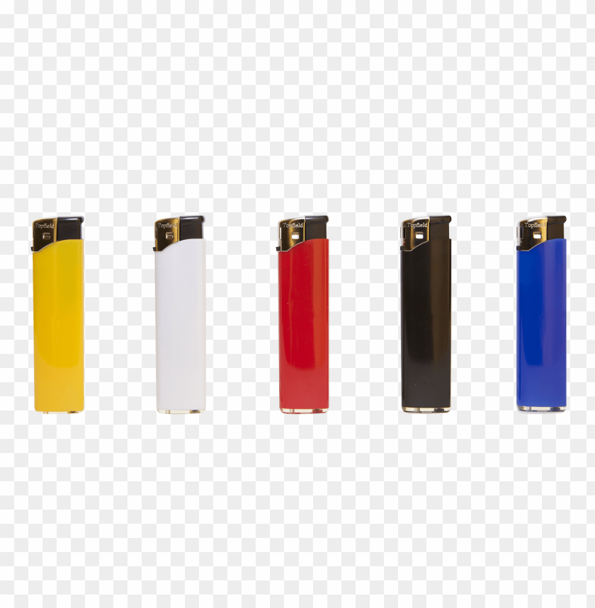 A row of colorful lighters in yellow, white, red, black, and blue on a transparent background.