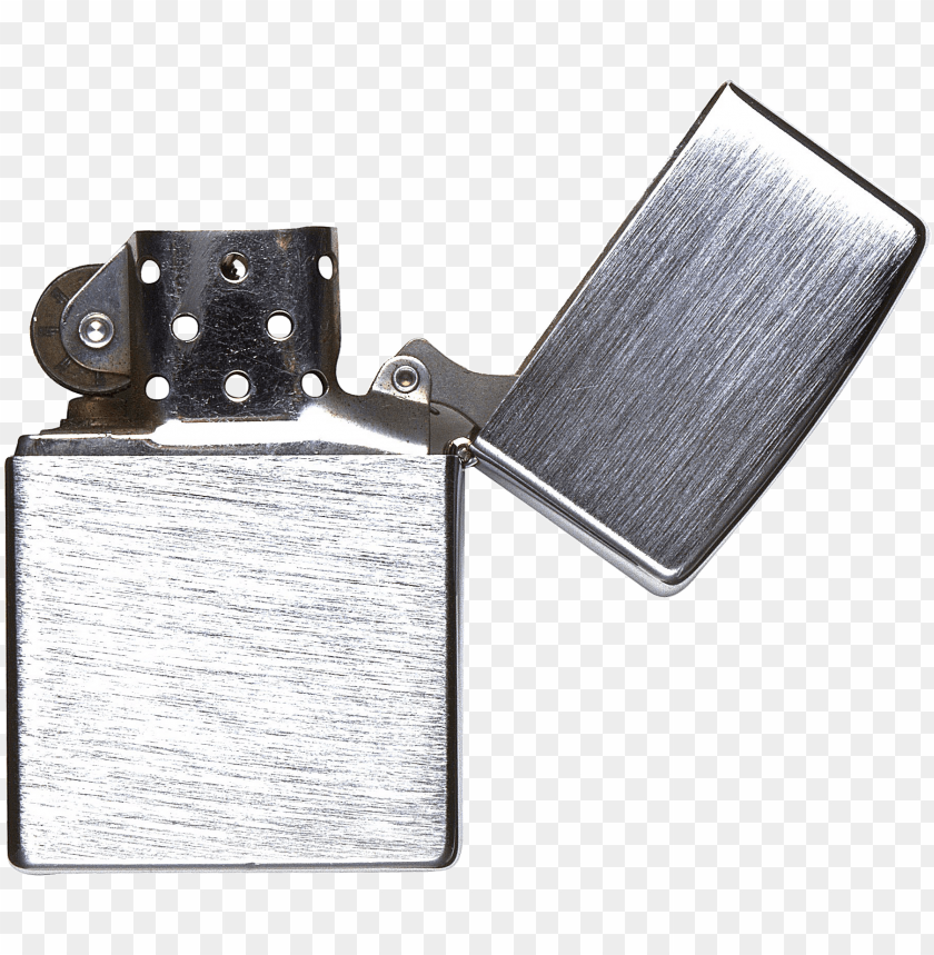 Silver metal Zippo lighter open on a transparent background.