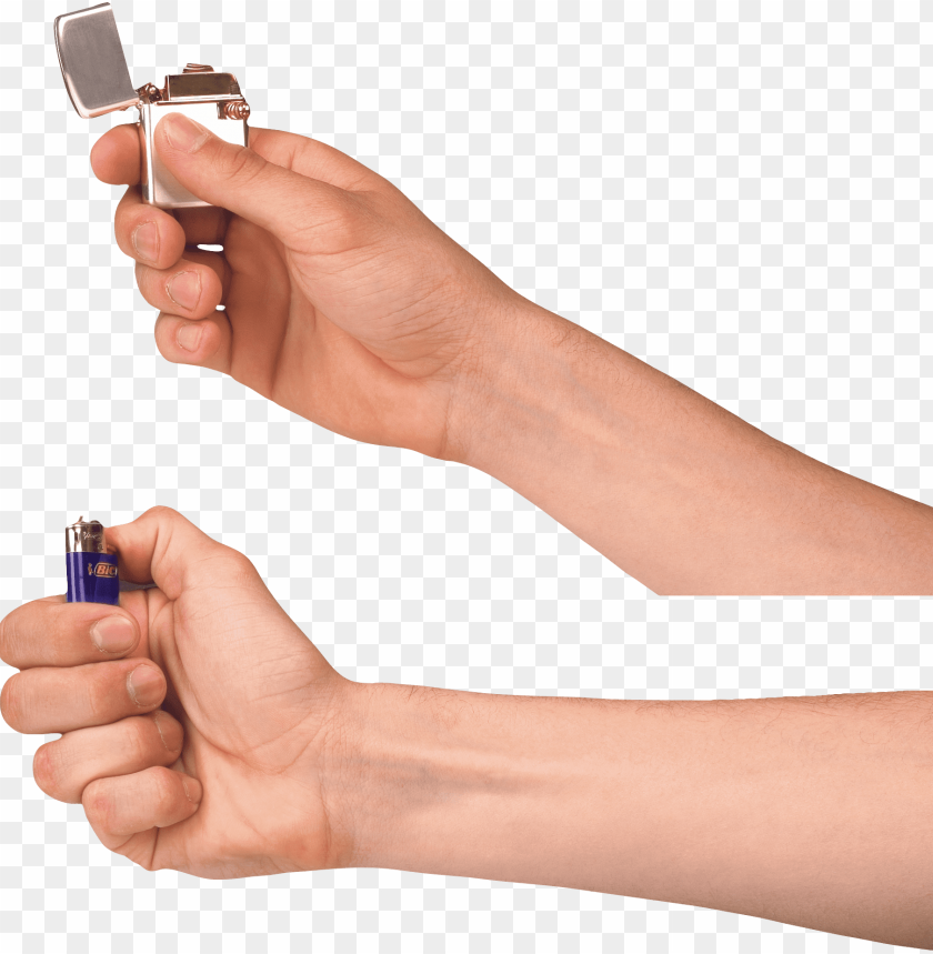 Hand holding a lighter and a blue disposable lighter, clear background.