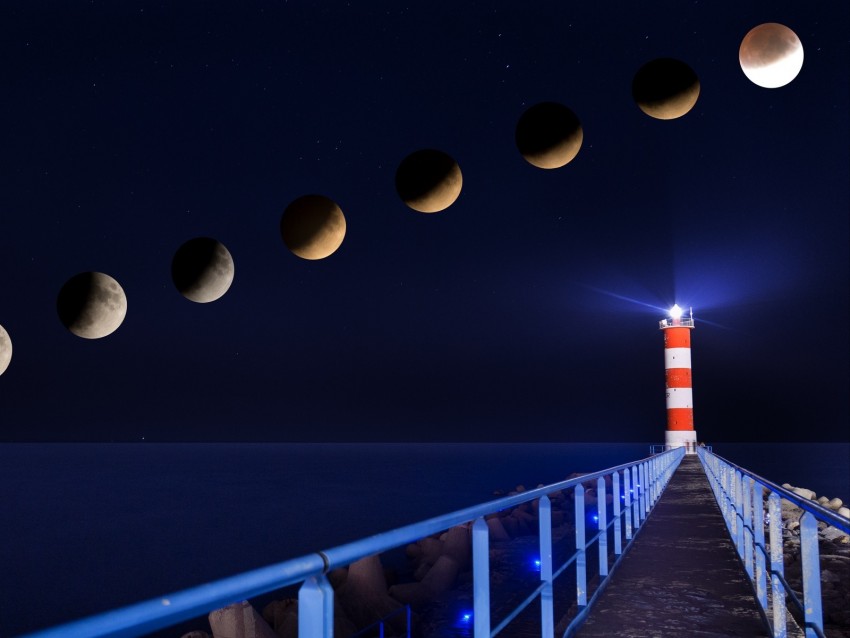 Lighthouse Eclipse Moon Night Pier Background