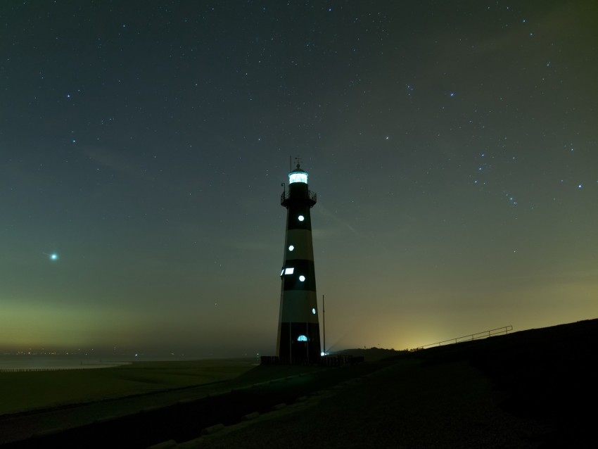 Lighthouse Glow Night Starry Sky Fog Background