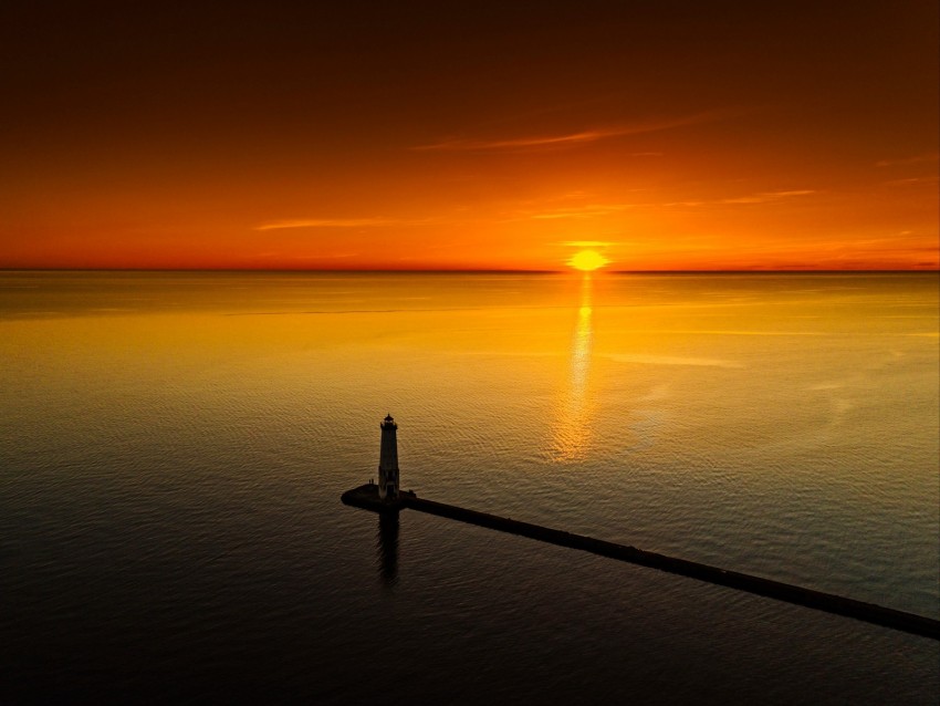 lighthouse, sea, aerial view, sunset, twilight