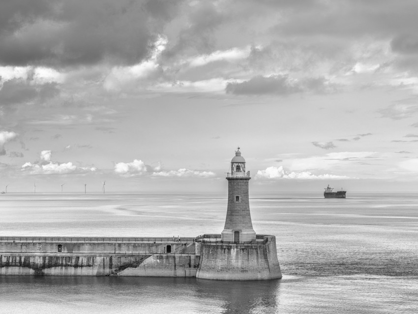 lighthouse, sea, bw, horizon, sky, clouds