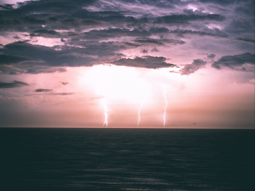 Lightning Horizon Sea Night Clouds Overcast Background