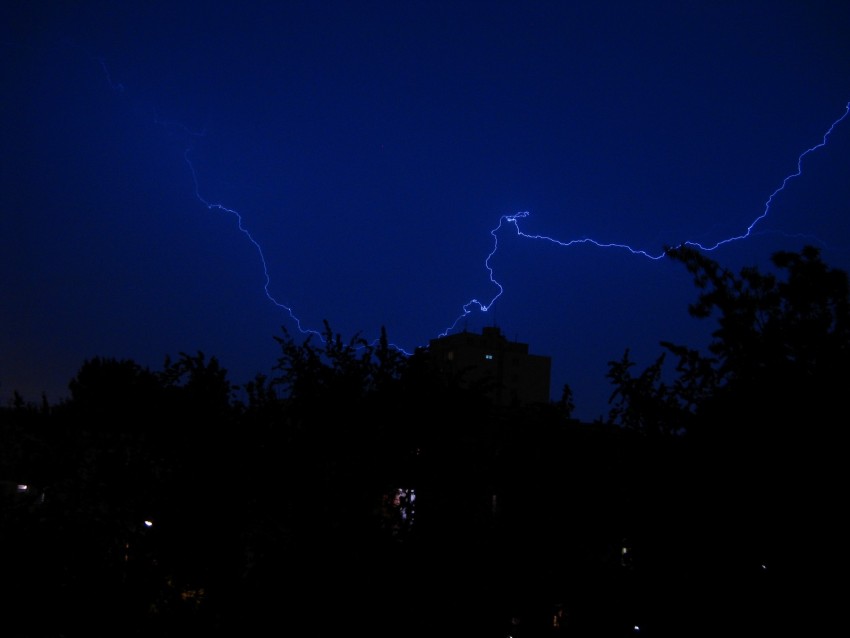 lightning, night, overcast, sky, trees