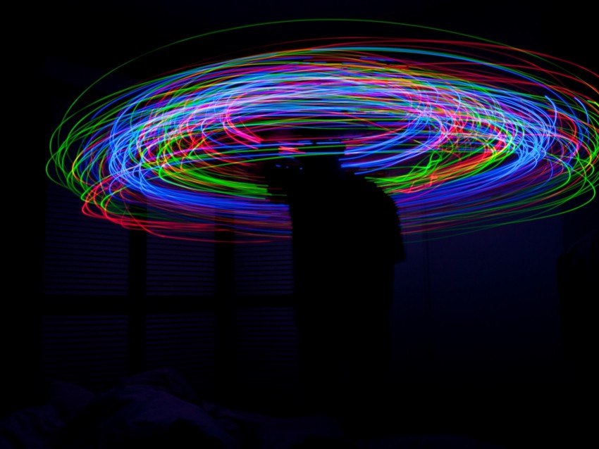 lines, multicolored, light, motion, long exposure, dark