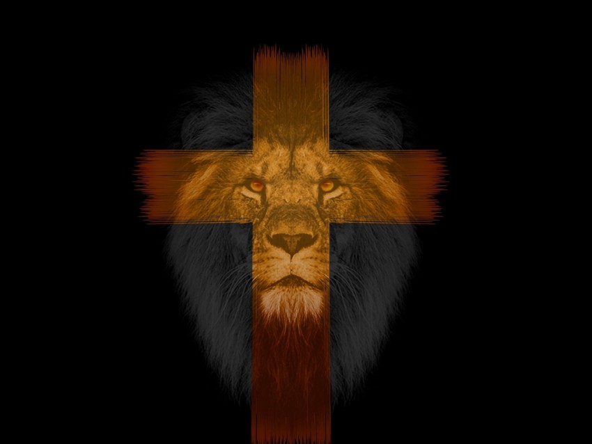 lion image, religious symbol, Christian cross, bold design, spiritual artwork