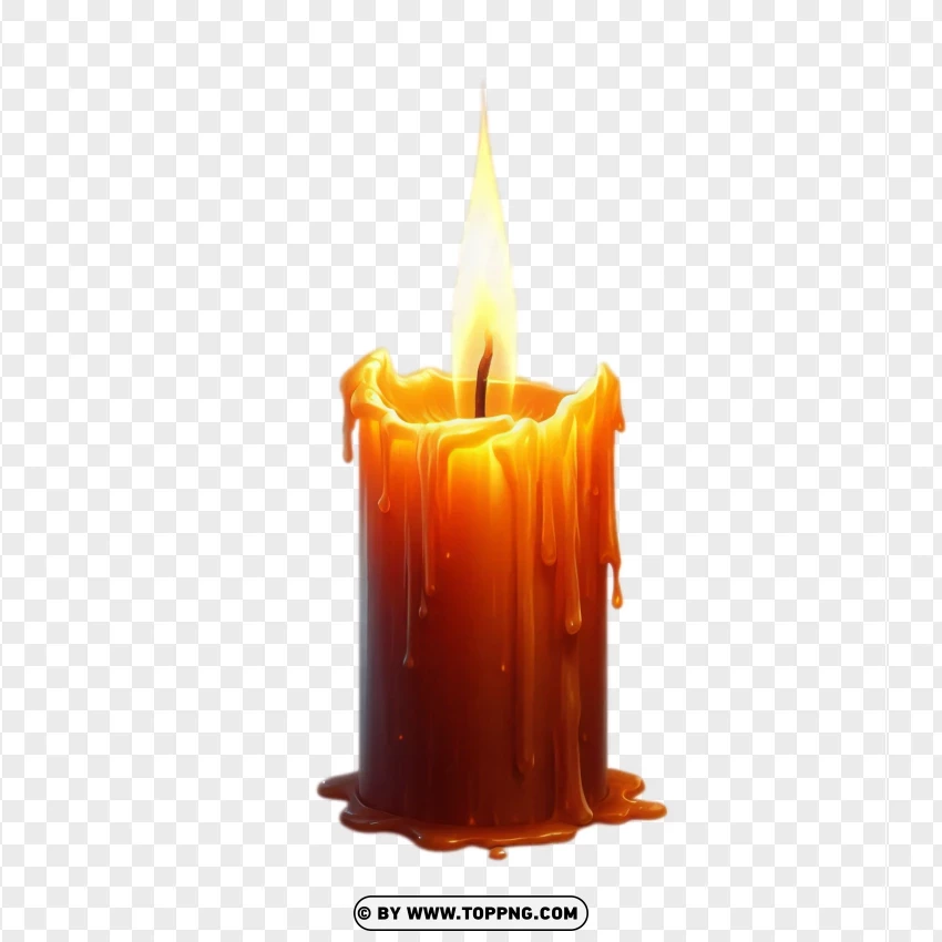 Burning candle with a small fire flame and melted wax, PNG image with transparent background