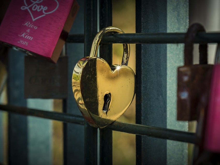 lock, heart, golden, love, closed