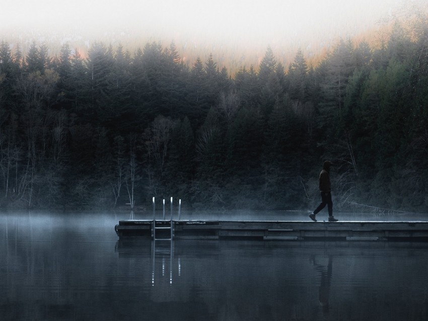 loneliness, pier, fog, river, dawn