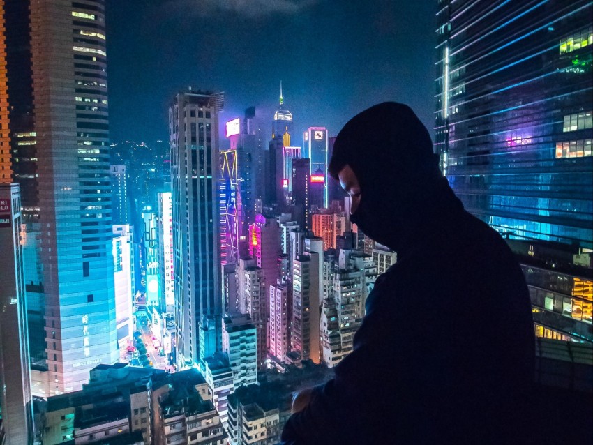 loneliness, roof, mask, skyscraper, night city