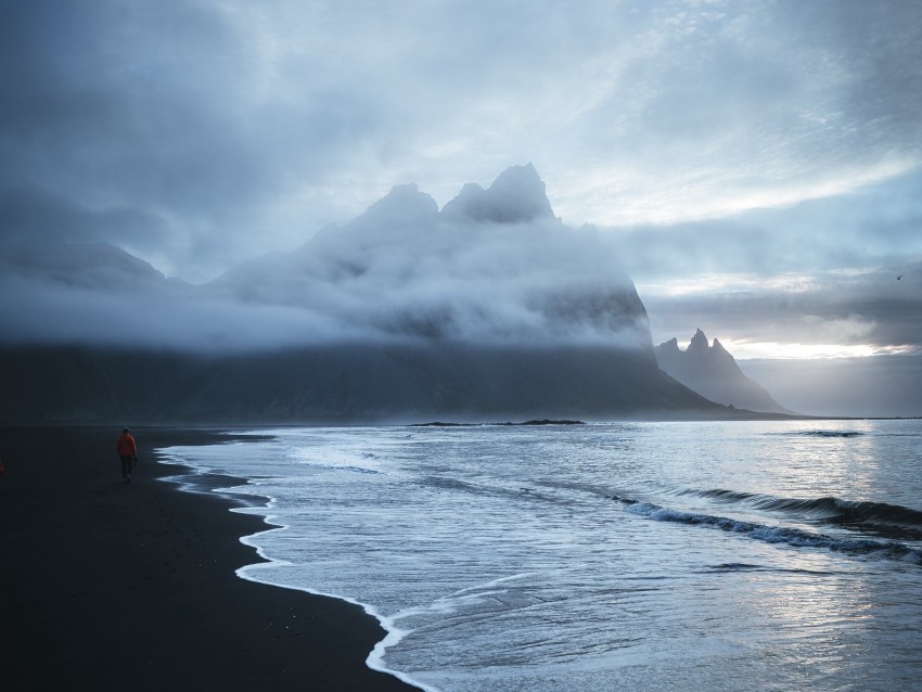 lonely, sea, beach, wave, sand, black, man