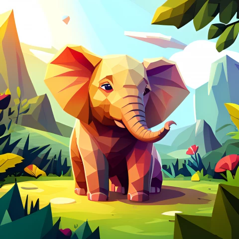 Adorable baby elephant, Colorful cloak, Vibrant colors,Low poly art, Whimsical design, Joyful illustration,Elephant head