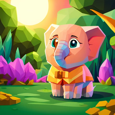 Adorable baby elephant, Colorful cloak, Vibrant colors,Low poly art, Whimsical design, Joyful illustration,Elephant head