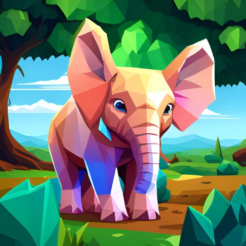 Adorable baby elephant, Colorful cloak, Vibrant colors,Low poly art, Whimsical design, Joyful illustration,Elephant head