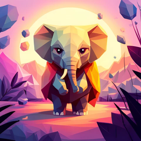 Adorable baby elephant, Colorful cloak, Vibrant colors,Low poly art, Whimsical design, Joyful illustration,Elephant head