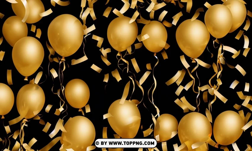 Festive golden balloons, Confetti celebration backdrop, Blurred bokeh party background, Golden inflatable balloons decor, Festive event ambiance, Confetti-filled background, Luxury party scene