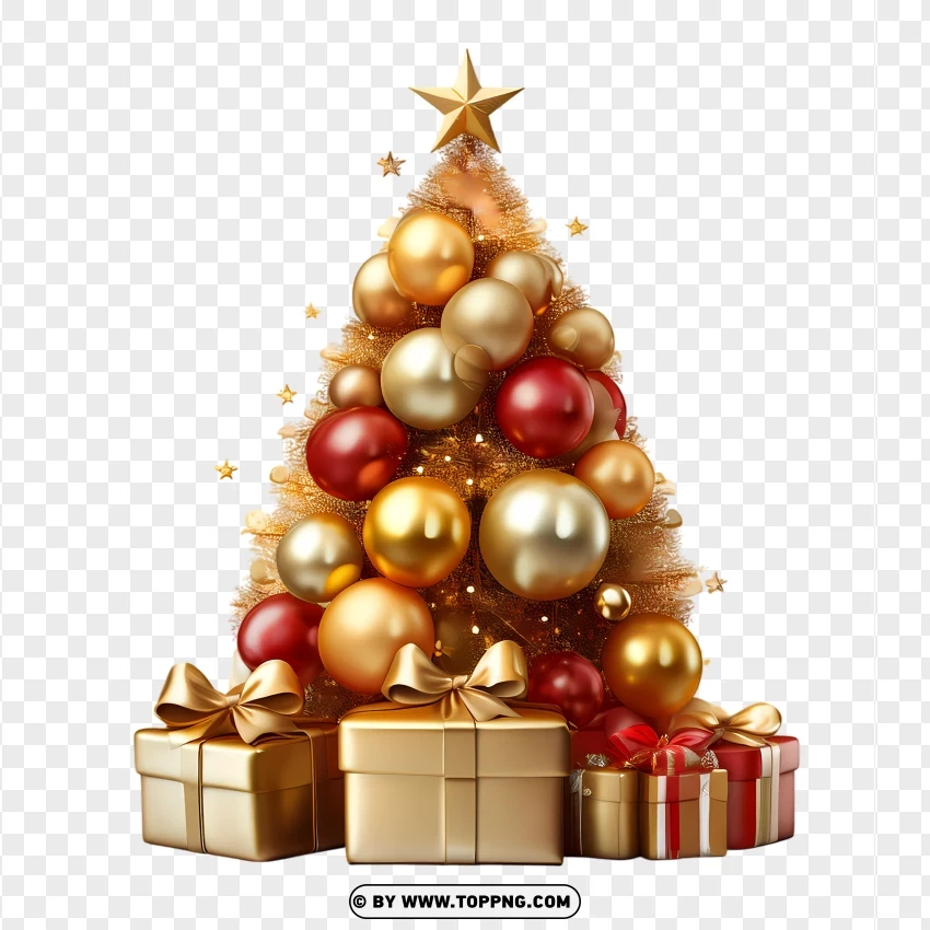 Luxurious Golden Christmas Tree Free Download With Red And Gold Ornaments PNG Transparent Background