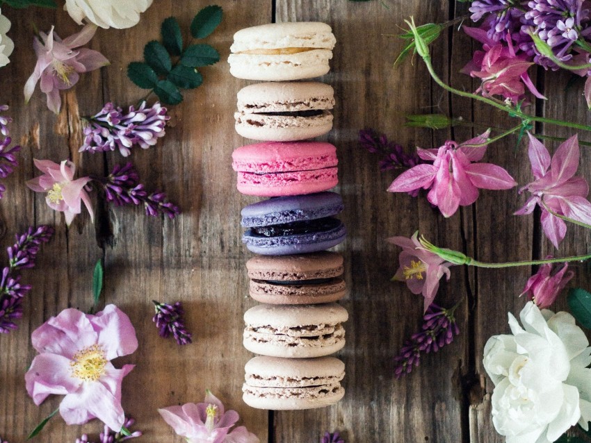 macaroons, cookies, flowers, colorful, leaves