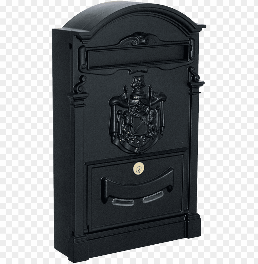 Black vintage mailbox with decorative emblem and key lock, on transparent background.