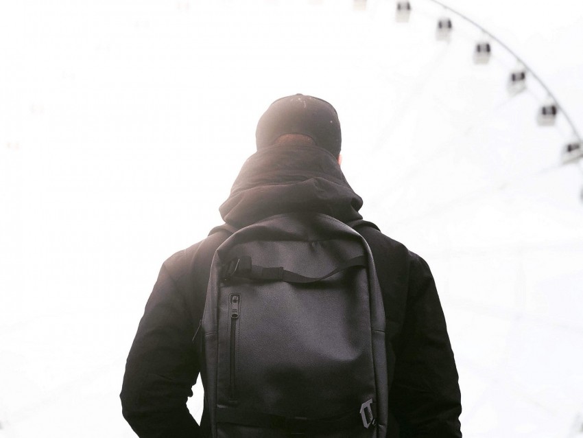 man, backpack, black, jacket, style