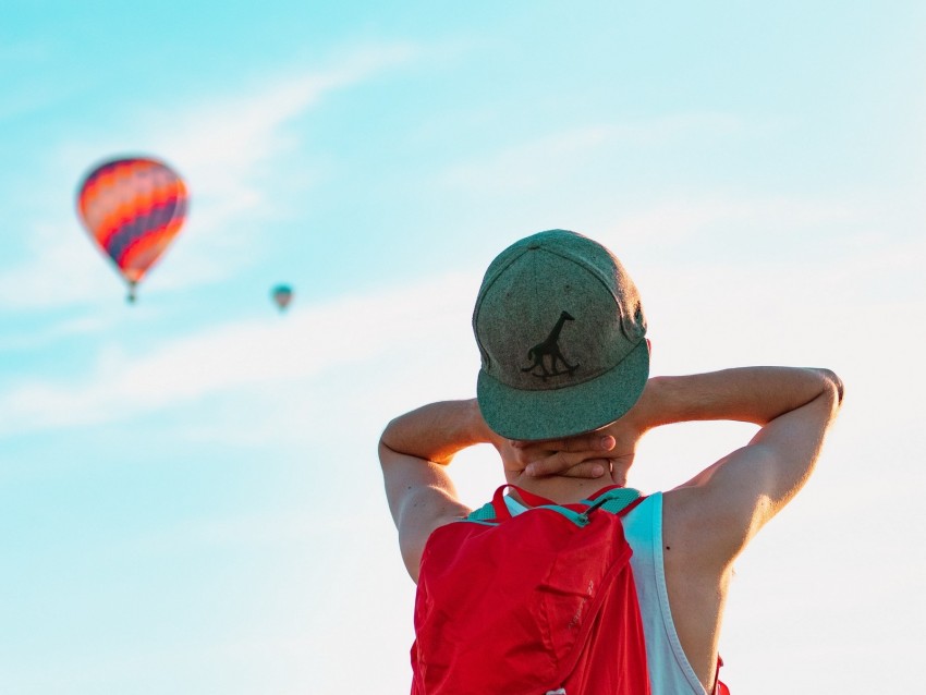 man, balloons, sky, cap, backpack