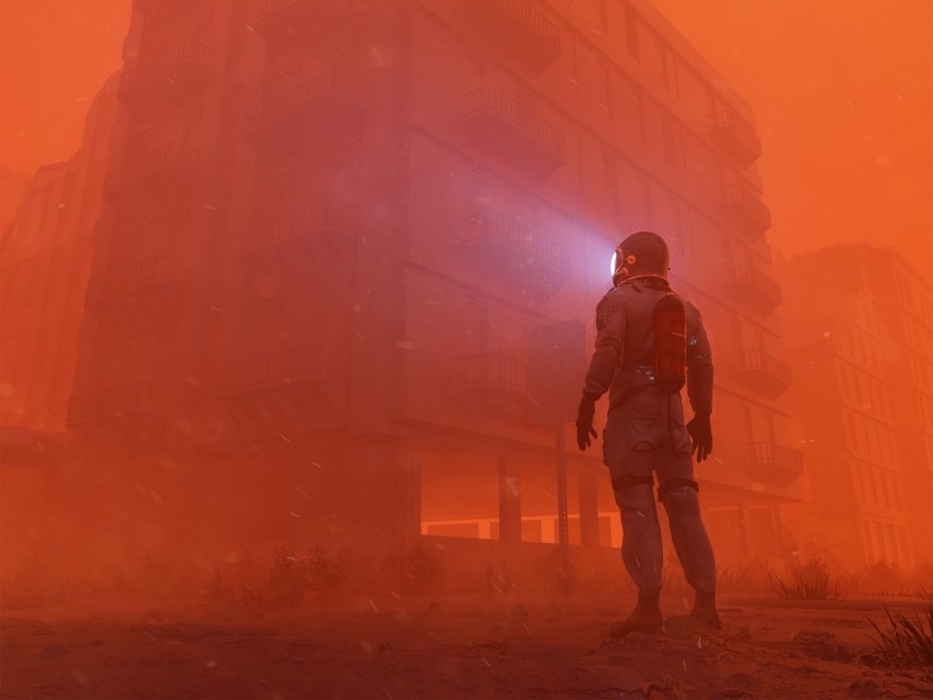 man, building, fog, glow, gloom