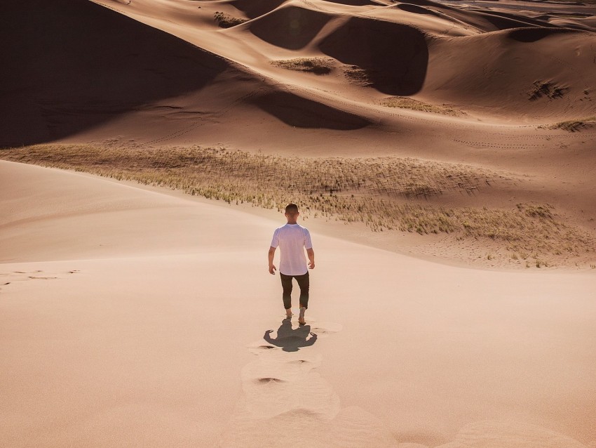 man, desert, dunes, sun, sand