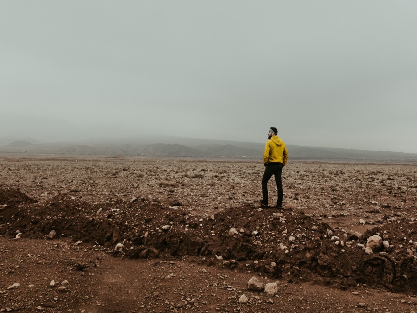 man, fog, landscape, deserted