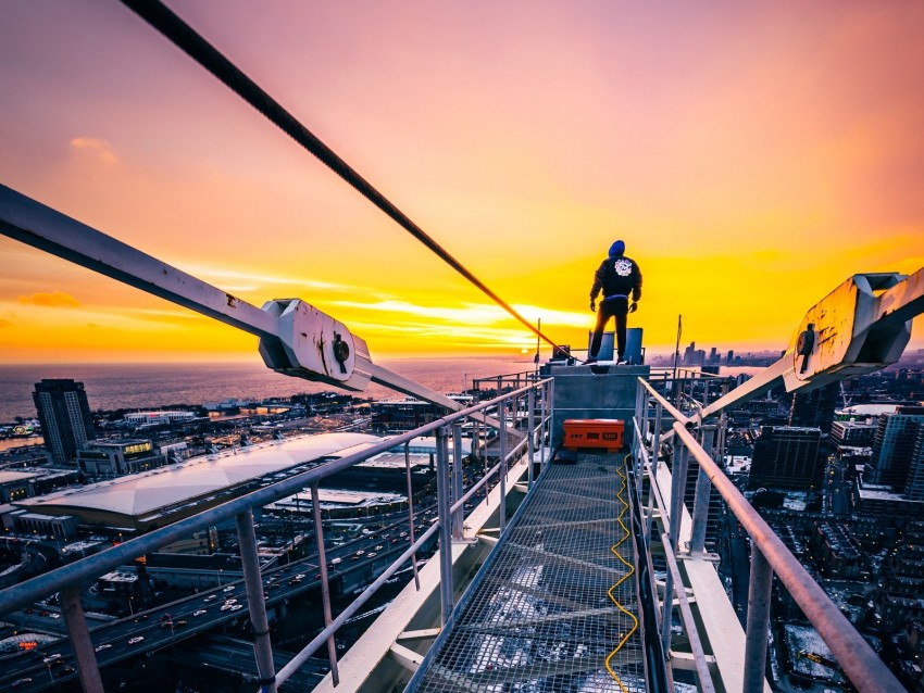 man, height, skyscraper, overview, city, sunset