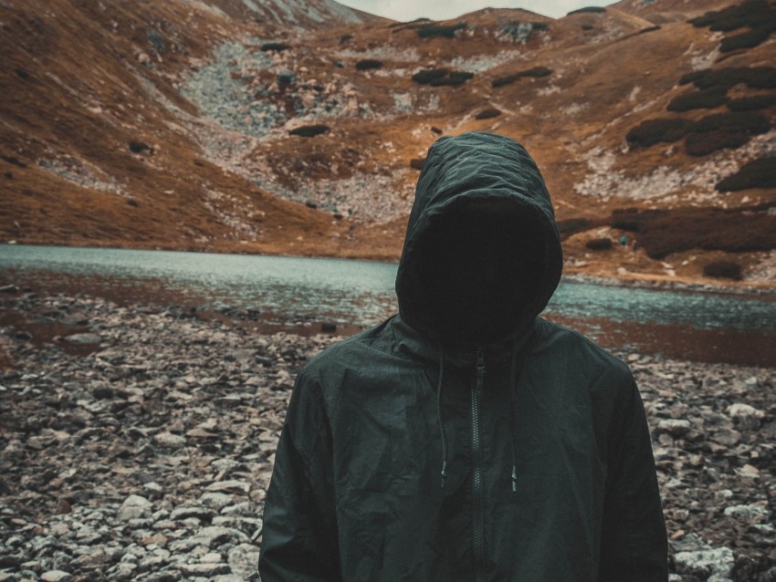 man, hood, mountains, faceless, black, river