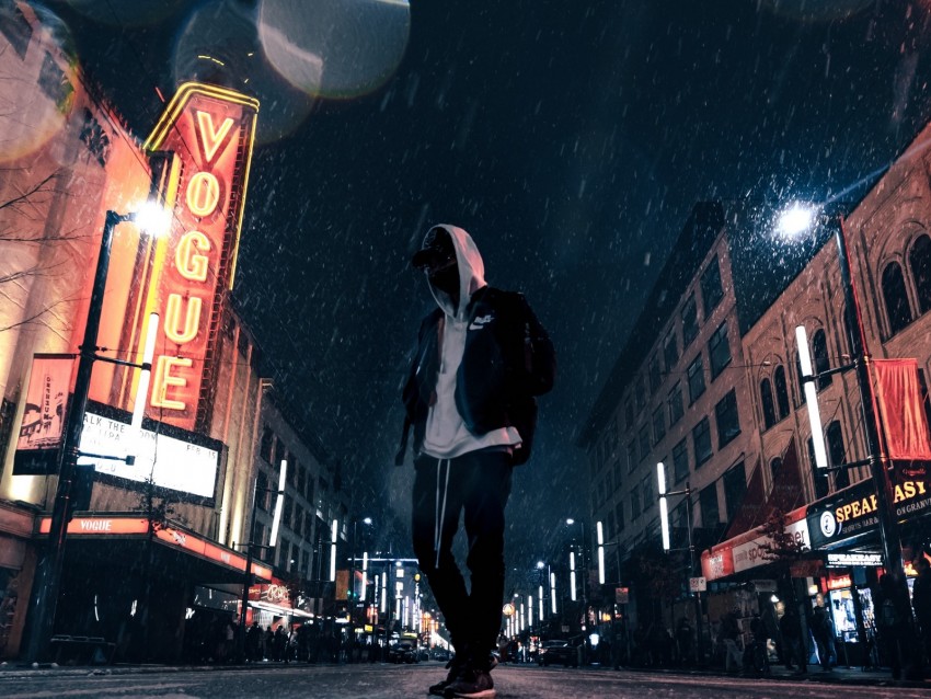 Man Hood Night City Snowfall Street Background