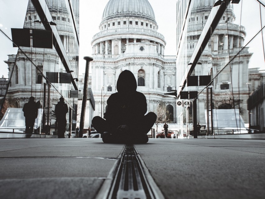 man, hood, silhouette, architecture, city