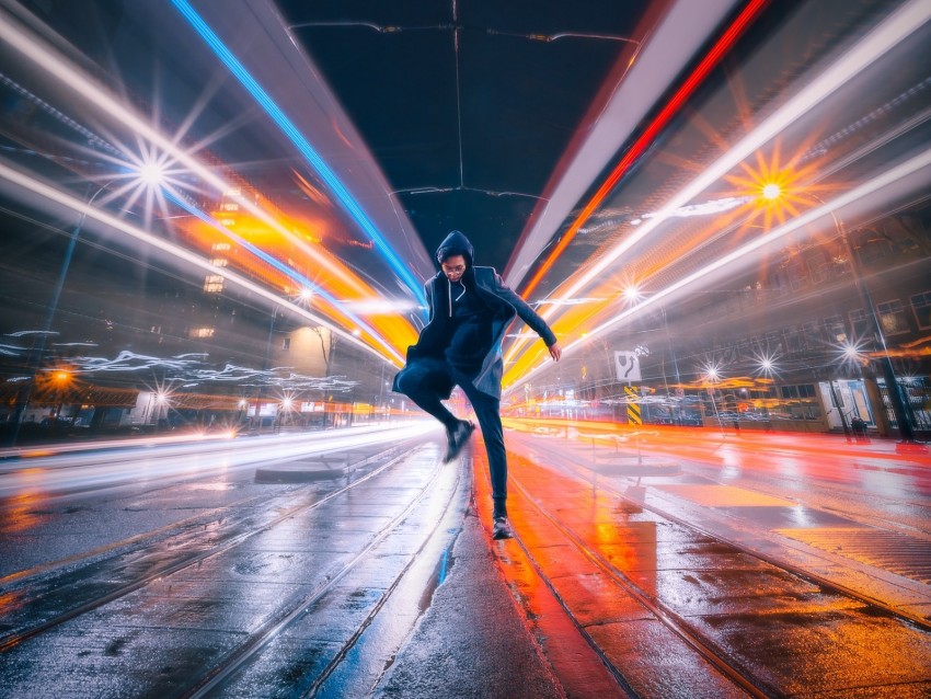 Man Jump Night City Long Exposure Background