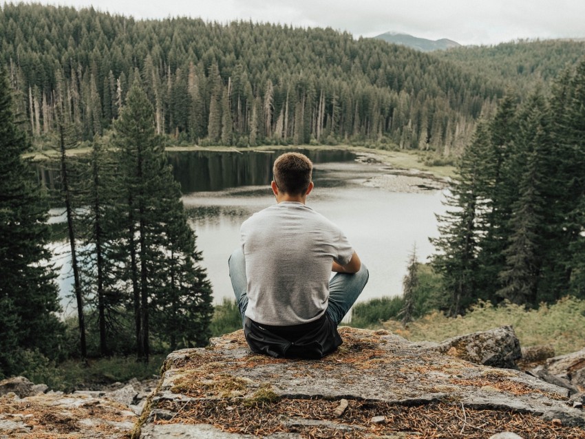 Man Lake Forest Nature Solitude Background