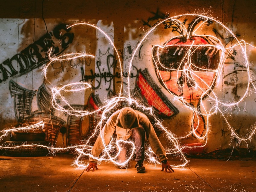 man, light art, hood, sparks, light