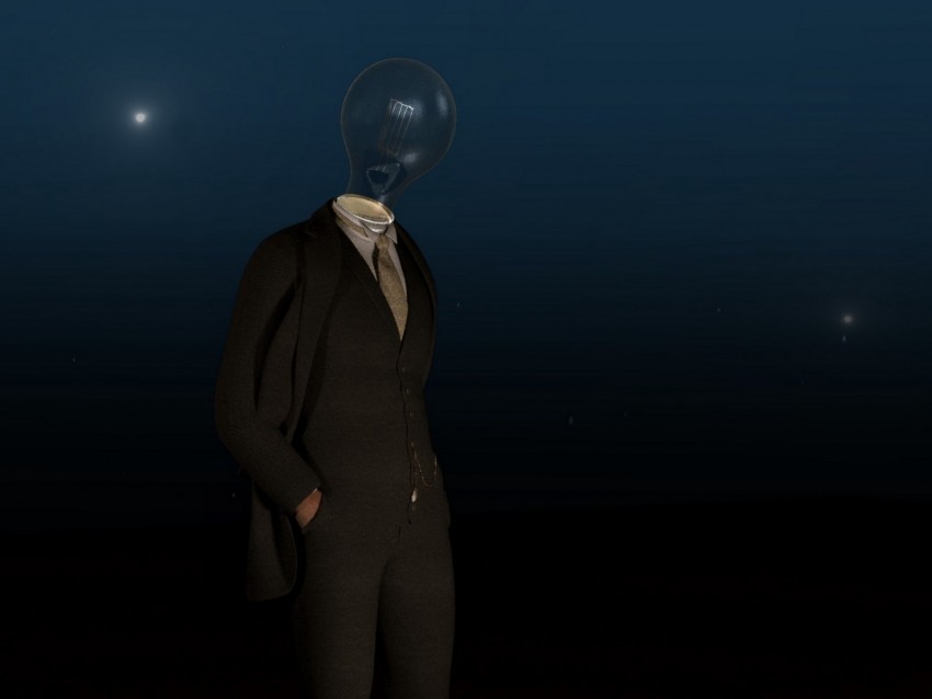 Man Light Bulb Surrealism Illusion Dark Background