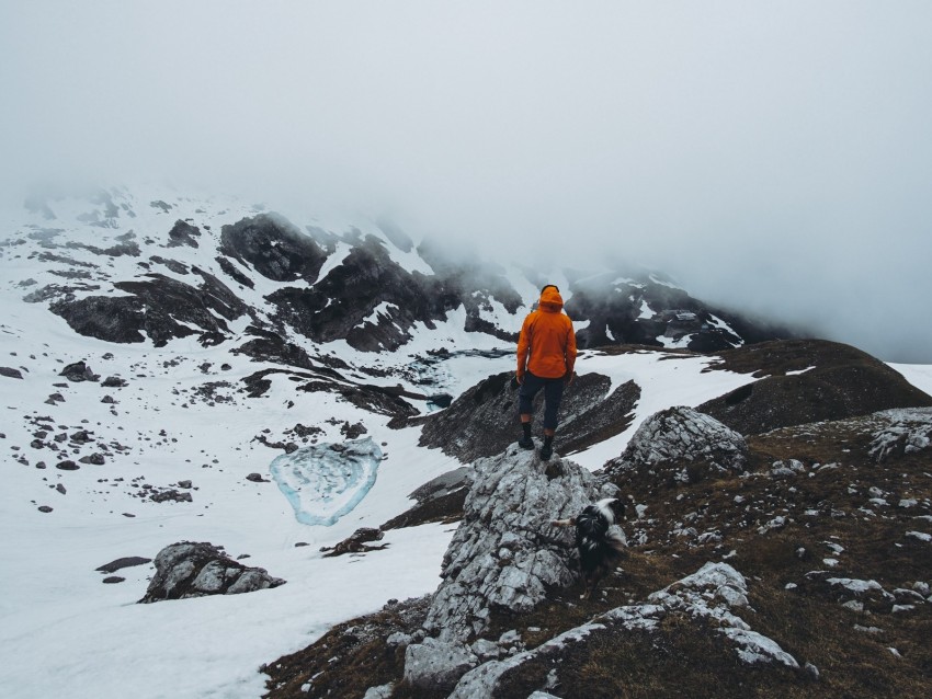 man, loneliness, solitude, snow, stones, fog