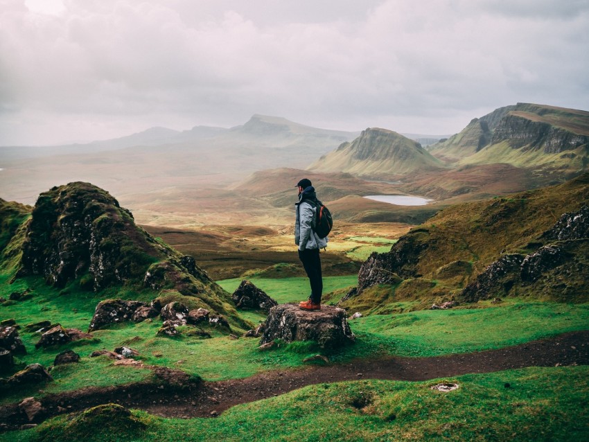 man, mountains, tourist, trip, fog, grass