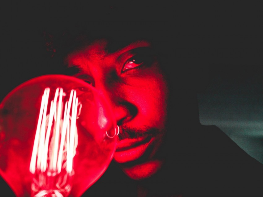 man, neon, face, dark, red