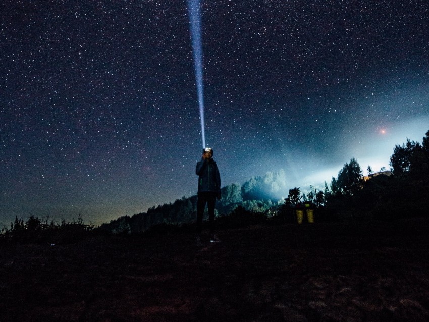 man, night, flashlight, light, ray, starry sky