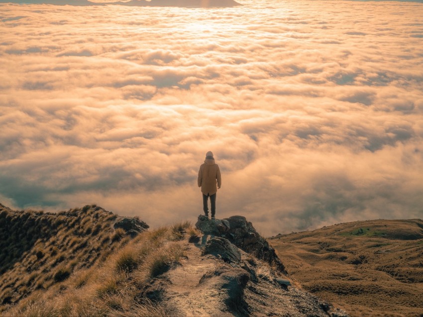 man, peak, clouds, solitude, loneliness, new zealand